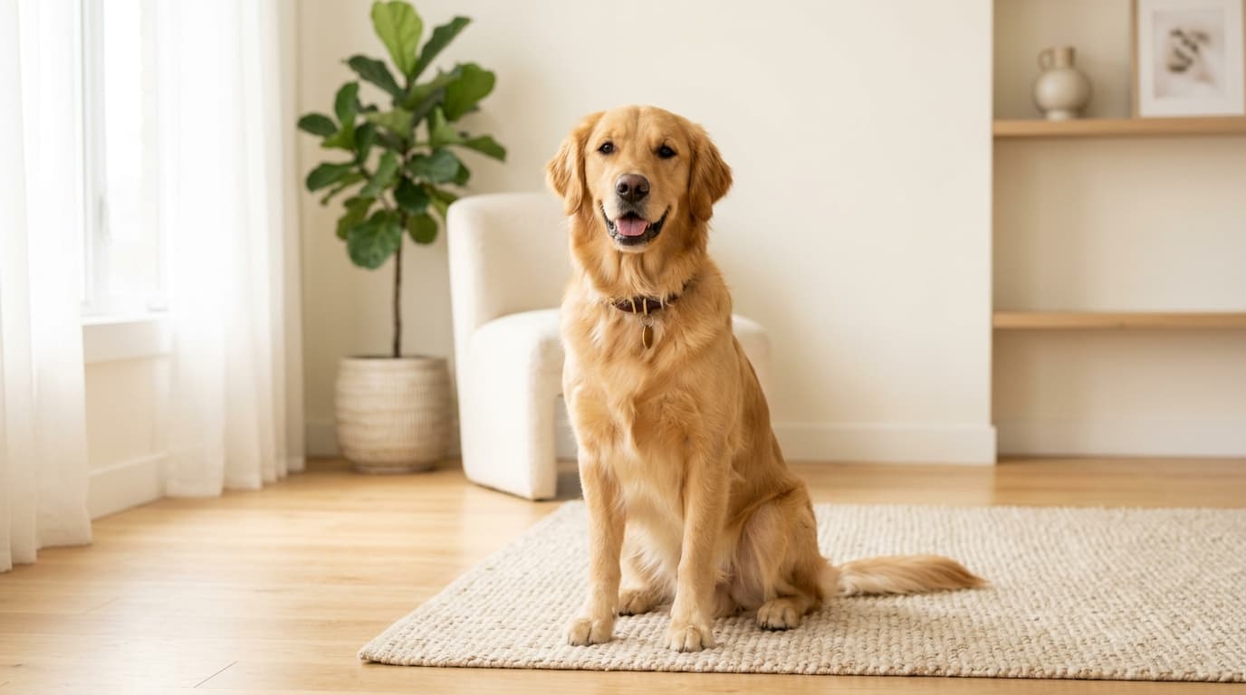 Happy Golden Retriever running outdoors